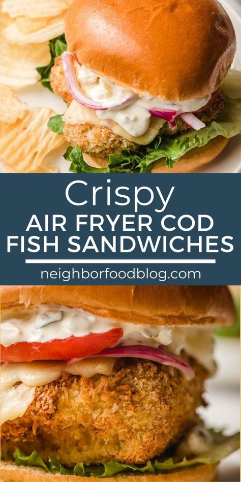 Air Fryer Cod Sandwich Recipes, Crispy Cod Sandwich, Fried Cod Sandwich Recipe, Air Fryer Fish Sandwich Recipes, Baked Fish Sandwich, Air Fryer Cod Recipes Gluten Free, Fried Cod Fish Sandwich Recipes, Air Fryer Fish Sandwich, Homemade Fish Sandwich