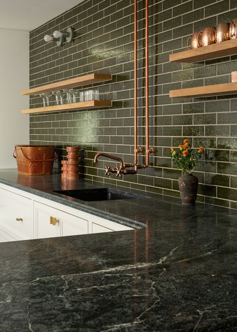 Dark Green Tile, Green Tile Backsplash, Wet Bar Designs, Green Backsplash, Home Wet Bar, Copper Faucet, Western Michigan, Island Countertops, Home Coffee Bar