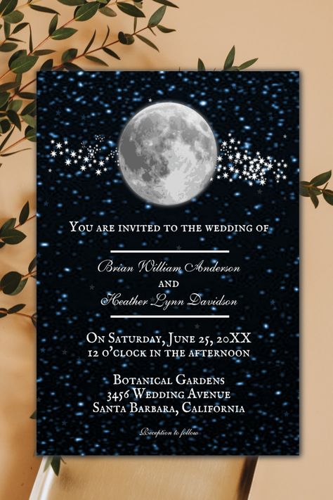 You'll be over the moon with this wedding stationery design featuring a dark night sky and full moon adorned with sparkling star trails. Lunar Wedding, Dark Night Sky, Jin Jang, Moon Wedding, Prom Theme, Celestial Wedding, Wedding Stationery Design, Star Trails, Sparkling Stars