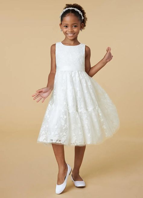 Diamond White Azazie Edie A-Line Sequins Lace Tea-Length Dress | Azazie Flower Girls Dresses Simple, Flower Girl Dresses White, Jasper Wedding, Lace Tea Length Dress, Tea Length Flower Girl Dress, Plus Size Bridal Dresses, White Dress Formal, Girls White Dress, White Flower Girl Dresses