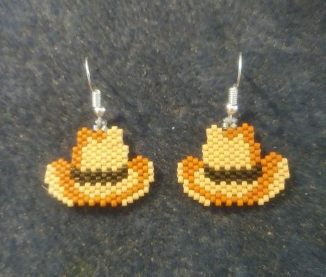 Cowboy Hats Perler Bead Cowboy Hat, Cowboy Beaded Earrings, Cowboy Perler Beads, Beaded Cowboy Hat, Beaded Flowers Patterns, Beadwork Designs, Seed Beading, Brick Stitch Pattern, Bead Charms Diy