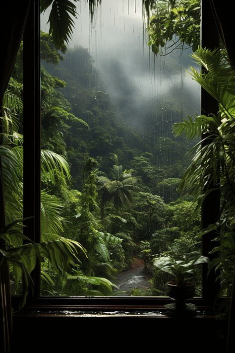 Heavy rain in the jungle, photographed from a window Jungle Aethstetic, Goth Jungle Aesthetic, Rainy Tropical Aesthetic, Hawaii Jungle Aesthetic, Jungle Astethic, Tropical Dark Aesthetic, Rainy Jungle Aesthetic, Houses In Brazil, Jungle Asethic