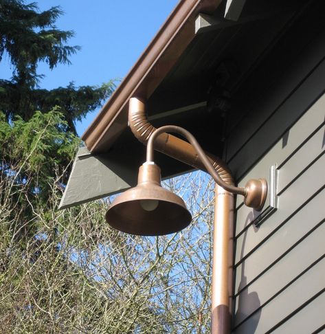 Copper Gooseneck Lighting for 1920s Craftsman Style Home | Blog | BarnLightElectric.com Gooseneck Lighting, 1920s Craftsman, Farmhouse Exterior Colors, Barn Light Electric, Pintura Exterior, Brick Exterior House, Craftsman Style Home, Modern Farmhouse Exterior, Copper Lighting