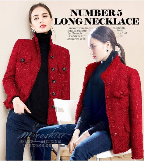 Red Tweed Jacket Outfit, Boucle Jacket Outfit, Chanel Jacket Trims, Red Silk Fabric, Red Tweed Jacket, Tweed Jacket Outfit, Chanel Style Jacket, Blazer Street Style, Moda Chanel