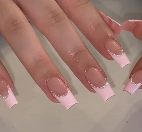 Pin by Christy BakerShaffer on Nail Love! Simple French Tip Nails Coffin, Acrylic Nail Designs Pink French Tips, French Tips Acrylic Pink, Elegante Nails Classy White, Short Coffin Birthday Nails, Pick French Tip Nails, French Tip Ideas Coffin Short, Sparkly French Tips Coffin, Nail Inspo With Gems Simple