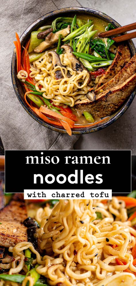 This homemade easy miso ramen recipe is completely vegan friendly! This is the best plant-based vegan miso ramen. The broth is packed with umami flavor from the white miso, tahini, and Shitake mushrooms. It's both creamy and spicy! Top this vegetarian noodle soup recipe with charred 5 spice tofu, baby bok choy, green onions, & thinly sliced carrots. This bowl of ramen soup is healthy and comforting at the same time. Perfect for two, this simple ramen recipe with tofu is great for a date nigh White Miso Ramen Recipe, White Miso Soup, Miso Tofu Bowl, Tofu Ramen Recipes, Tofu Ramen, Vegetarian Ramen, Miso Soup Recipe, Vegan Ramen, Tofu Recipes Vegan