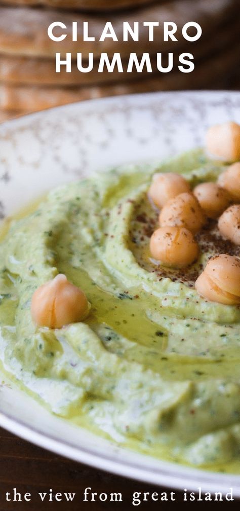 Cilantro Hummus, a bright new take on traditional Middle Eastern Hummus, this vegan appetizer is amazing! #hummus #dip #middleeastern #appetizer #vegan #healthy #homemade #recipe #beans #chickpeas #garbanzo #cilantro via @https://www.pinterest.com/slmoran21/ Cilantro Hummus Recipe, Cilantro Dip, Appetizer Vegan, Appetizers Vegan, Ideas For Appetizers, Cilantro Hummus, Cilantro Recipes, Vegan Appetizer, The View From Great Island