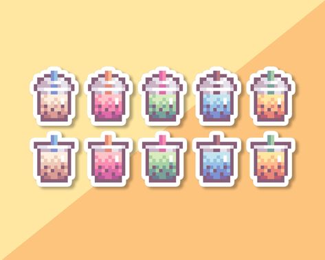 Pixel Art Ideas Pixel Art Boba Tea, Boba Tea Pixel Art, Boba Pixel Art, Pixel Art Boba, Tea Pixel Art, Pixel Art Items, Boba Tea Stickers, Pixel Stickers, Pixel Food