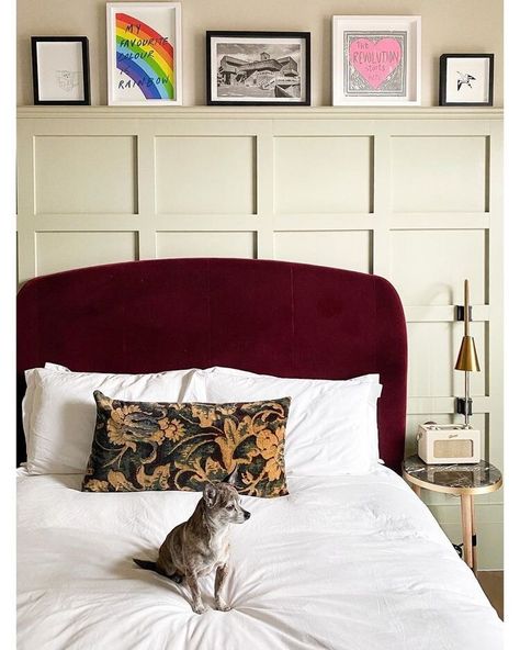 Burgundy red headboard with panelled walls at the Hoxton hotel in London. Image credit:    Emma Jane Palin Red Headboard Bedroom, Headboard Bedroom Ideas, Guest Bedroom Colors, Red Headboard, Design Decor Ideas, Bedroom Revamp, Grey Bedroom Design, Headboard Bedroom, Monochrome Bedroom