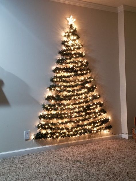 Christmas Tree Out Of Lights On Wall, Lights On Wall Christmas Tree, Wall Light Christmas Tree, Christmas Hallway Decorations House, Light Christmas Tree On Wall, Christmas Tree On Wall With Lights, Christmas Light Tree On Wall, Wall Xmas Tree Ideas, Christmas Photo Op Ideas