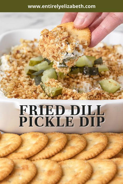 This Fried Dill Pickle Dip tastes exactly like a fried dill pickle dipped in ranch! It takes 10 minutes to whip up and is the perfect crowd pleasing appetizer. Deep Fried Dill Pickle Dip, Cheesy Fried Pickle Dip, Cheesy Baked Ranch Pickle Dip, Dip For Ritz Crackers Simple, Best Dips And Appetizers, Fried Pickles Dip, Dips And Appetizers Recipes, Best Chips And Dip, Fried Pickle Ranch Dip Recipe