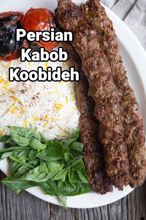 Persian Meat Recipes, Turkish Kabob Recipes, Persian Beef Recipes, Persian Beef Kabob, Middle Eastern Meat Recipes, Persian Kebab Koobideh, Ground Beef Kabob Recipes, Kubideh Recipe, Beef Kafta Kabob Recipe