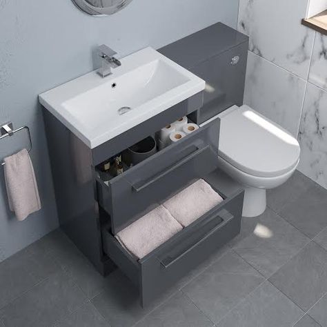 Toilet Vanity Unit, Grey Vanity Unit, Toilet And Sink Unit, Toilet Basin, Small Shower Room, Grey Bathroom Furniture, Small Bathroom Layout, Sink Vanity Unit, Drawer Vanity