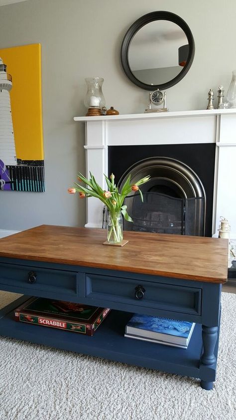 29 DIY Painted Coffee Table Ideas and Tips - GoTinySpace Blue And Wood Coffee Table, Hale Navy Coffee Table, Coffee Table With Drawers Makeover, Slate Blue Furniture, Retro Coffee Table Makeover, Repainted Coffee Table, Dark Blue Coffee Table, Refurbished Wood Table, Repainting Coffee Table Ideas