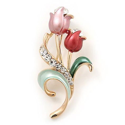 Pink Enamel Diamante Tulip Brooch In Gold Finish  5cm Length ** Click image for more details. Pins Brooch, Length Check, Plant Jewelry, Online Gold Jewellery, Gold Brooch, Antique Brooches, Gold Jewellery Design Necklaces, Christmas Pins, Jewelry Pins