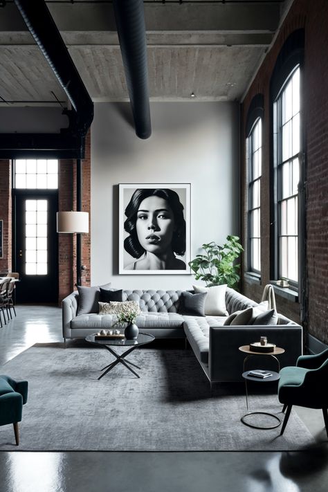 Feminine Loft Apartment, Industrial Penthouse, Interior Design Loft Style, Ny Loft, Lots Of Natural Light, Converted Warehouse, Black Living, Loft Industrial, Black Living Room