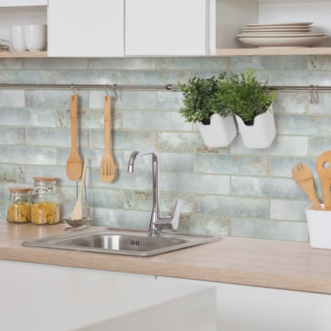 Teal Kitchen Backsplash Ideas, Artisan Backsplash Kitchen, Beach House Kitchen Backsplash Ideas, Sea Glass Backsplash, Light Green Backsplash Kitchen, Wall Tiles Kitchen, Sea Glass Tile Backsplash Kitchen, Light Blue Kitchen Backsplash, Industrial Kitchen Backsplash Ideas