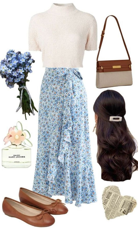 easter outfit: white sweater and floral skirt Summer Breezy Outfits, Modest Outfits Work, Conservative Summer Outfits For Women, Modest European Fashion, Soft Feminine Outfits Modest, Modest Outfits Inspiration, Outfit Church Ideas, Moderately Modest Outfits, Christian Outfits Summer