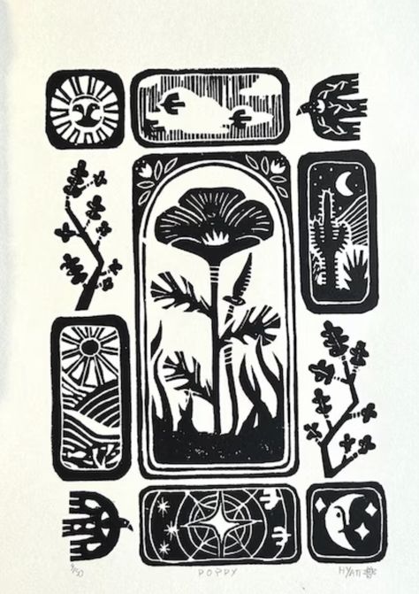 Poppy Linocut, Eraser Stamp, Linoleum Print, Linocut Printmaking, California Native Plants, Lino Art, Linocut Art, Handmade Stamps, Tableau Art