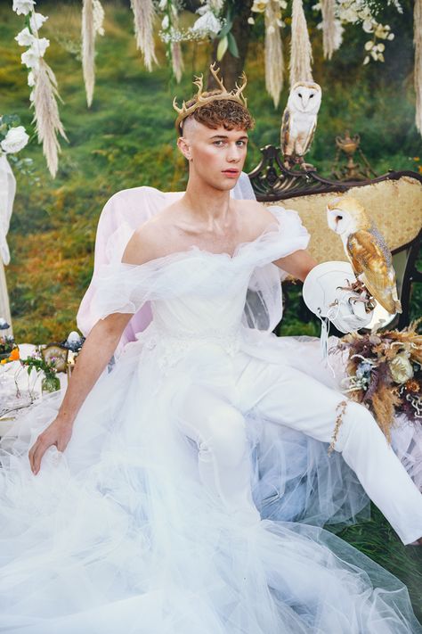 Gender-Neutral Fairytale Wedding Inspiration · Rock n Roll Bride Wedding Dresses Nonbinary, Men’s Wedding Dress, Fairy Groom Suit, Cottagecore Wedding Tuxedo, Wedding Suits Nonbinary, Unisex Wedding Outfit, Men In Wedding Dresses, Queer Wedding Dress, Gay Wedding Dress