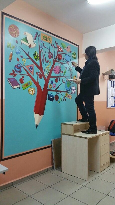 Mural aula Painting Teacher, School Wall Art, School Murals, School Painting, School Displays, Collaborative Art, Art N Craft, Classroom Walls, Classroom Displays