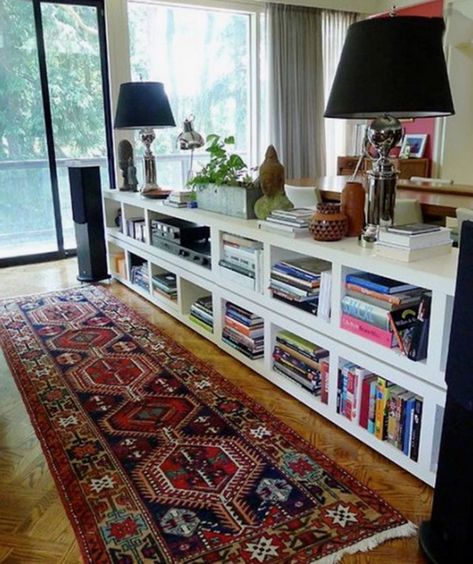 12 genius hacks for your IKEA BILLY bookcase Bookcase Behind Sofa, Low Bookshelves, Ikea Billy Bookcase Hack, Wooden Room Dividers, Behind Couch, Hanging Room Dividers, Low Bookcase, Diy Room Divider, Divider Design