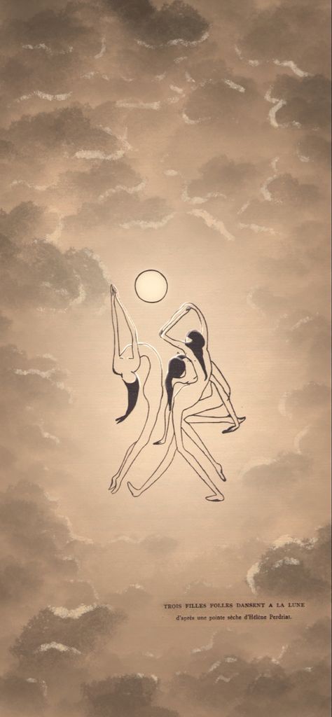 Depicts an abstract ink drawing of three women dancing under the moon, framed by moonlit clouds. The name of the drawing and artist are written in a typewriter’s font in the bottom left. Women Dancing Under The Moon Tattoo, Dancing With My Demons Tattoo, Three Witches Dancing Tattoo, Dancing Moon Tattoo, Dancing Sun Tattoo, Moon Dance Tattoo, Dancing Women Drawing, Witch Circle Tattoo, Three Dancing Women Tattoo