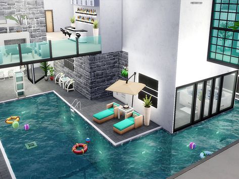 Sims House With Pool, Sims Underground House, Sims 4 Sunken Living Room, The Sims 4 Houses Ideas No Cc, Sims 4 Underground House, Sims House Ideas Interiors, Sims 4 Indoor Pool, Sims 4 Swimming Pool, Sims 4 Basement Ideas