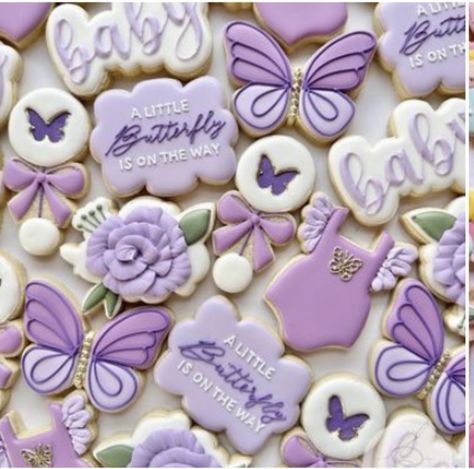 Purple Gender Reveal Ideas, Baby Shower Purple Theme, Purple Theme Baby Shower Ideas, Baby Shower Ideas Purple, Butterflies Cookies Decorated, Lilac Baby Shower Ideas Decoration, Butterfly Baby Shower Cupcakes, Butterfly Baby Shower Dessert Table, Speak Now Cookies