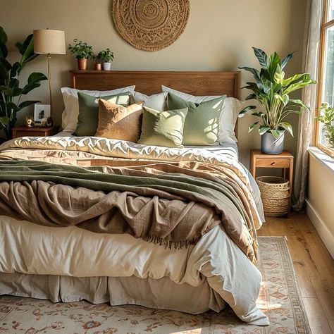 Sage Green And Brown Room Aesthetic, Boho Brown Bedroom, White And Brown Bedding Aesthetic, Boho Bedroom With Grey Walls, Sage Boho Bedroom, Brown And Green Room, Minimal Room Aesthetic, Brown And Green Bedroom, Earthy Boho Aesthetic