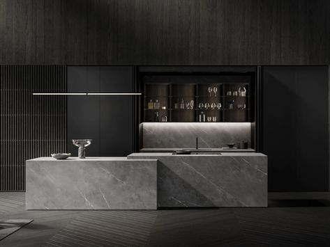 Graphite marble kitchen with two islands BLADE LAB | Graphite marble kitchen by MODULNOVA Kitchen With 2 Islands, Kitchen With Two Islands, Kitchens With Two Islands, Stone Kitchen Island, Marble Bar, Marble Kitchen, Luxury Living Room Design, Kitchen Island With Seating, Iron Shelf