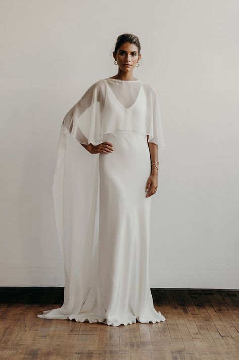 Long chiffon cape Slip Wedding Dress, Chiffon Cape, Minimalist Bride, Cape Wedding Dress, White Slip Dress, Wedding Dress Boutiques, Minimalist Wedding Dresses, Bridal Cape, Brides Wedding Dress