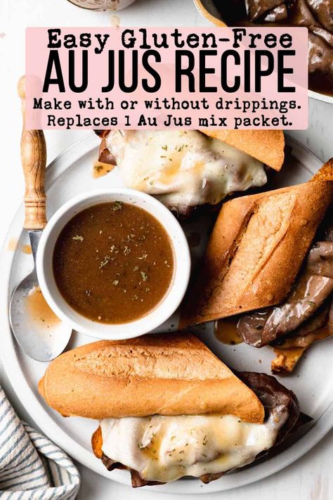 Dry Au Jus Mix Recipe, Gluten Free French Dip Crock Pot, How Do You Make Au Jus Sauce, Au Jus Without Drippings, Gf Au Jus, Aju Sauce For French Dip, Gluten Free French Dip Sandwiches, Homemade Au Jus Seasoning, French Dip Au Jus Recipes