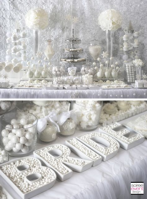 Winter Bridal Shower Decorations, Candy Bar Decoracion, Bridal Shower Sweets, Bridal Shower Desserts, Winter Bridal Showers, White Bridal Shower, Sweets Table, Bridal Shower Tables, Shower Desserts