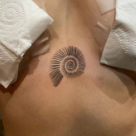 Middle Upper Back Tattoo Women, Hippie Tats, Ammonite Tattoo, Nautilus Tattoo, Blatt Tattoos, Spiral Tattoos, Earthy Tattoos, Spine Tattoo Ideas, 100 Tattoo