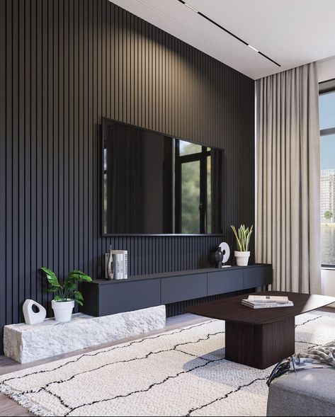 Dramatic Tv Wall, Living Room Tv Wall Inspiration, Tv Wall Design Panelling, Wood Panelling Walls Black, Tv On Wood Panel Wall, Black Wall Paneling Living Room, Tv Wall With Panelling, Living Room Panelling Tv, Tv Unit Panelling