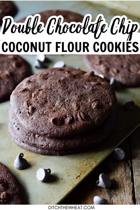 These Double Chocolate Chip Coconut Flour Cookies are grain-free and nut-free. They make a great gluten-free cookie to give to kids. Learn my secret trick for making coconut flour cookies crispy. https://www.rfr.bz/pljjxcp Gluten Free Cookies Almond Flour, Gluten Free Kids Party Food, Gluten Free Kids Snacks, Coconut Flour Chocolate Chip Cookies, Gluten Free Cookies Easy, Gluten Free Chocolate Cookies, Coconut Flour Cookies, Gluten Free Peanut Butter Cookies, Baking With Coconut Flour