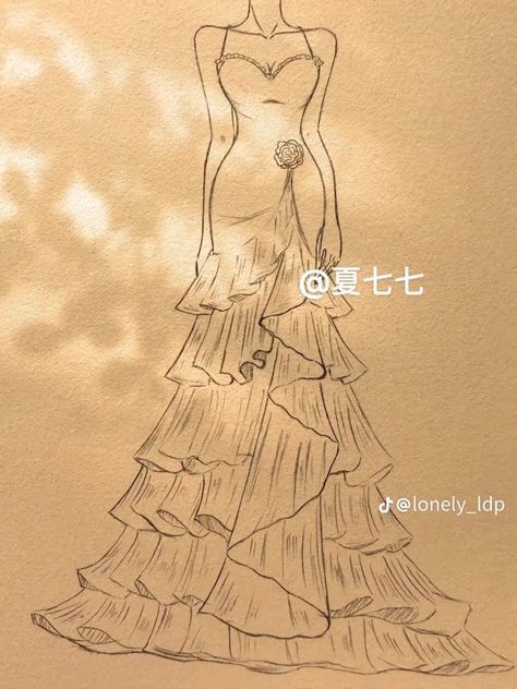 Fashion Desinger Drawing Outfits, Anime Dress Sketch, Prom Dresses Sketches, Flowing Dress Drawing Reference, Dress Sketches Easy, Skirt Design Drawing, Dress Reference Drawing, Drawn Dresses, Dresses Design Ideas