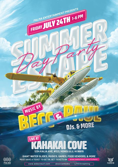 ☀️ Get ready to escape to paradise this summer! 🌴 Our vibrant and customizable flyer template features a seaplane that takes you to a hidden tropical island. With just a few clicks, you can make it your own and promote your summer-themed event in style. Available in both A4 and Instagram post format, this template will help you capture the essence of the season and attract your audience's attention! Summer Flyer Design, Summer Instagram Post, Yacht Summer, Summer Party Flyer, Instagram Post Design, Photoshop Flyer, Tropical Poster, Graphic Design Styles, Social Media Advertising Design