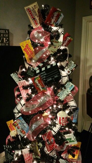 Theater room, Media room Christmas tree! Had a lot of fun decorating this one! Moth Crochet Pattern, Moth Crochet, Room Christmas Tree, Movie Theater Decor, Deaths Head, Deaths Head Moth, Christmas Decor Inspiration, Crochet Beanie Pattern, Cool Christmas Trees