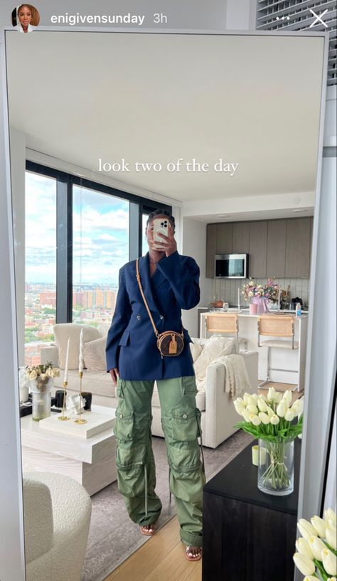 Navy And Army Green Outfits, Cargo Pants Professional Outfit, Army Green And Navy Blue Outfits, Cargo And Blazer Outfit, Cargos And Blazer Outfit, Mini Dress In Winter Outfit, Camo Pants And Blazer Outfit, Blazer And Cargo Pants Outfit, Dressing Up Cargo Pants Women