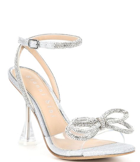 Haydn Glitter Rhinestone Bow Ankle Strap Clear Dress Heels | Dillard's Clear Dress, Homecoming Heels, Lucite Heels, Sparkle Heels, Dress Heels, Sparkly Heels, Prom Heels, Glitter Heels, Gianni Bini Shoes