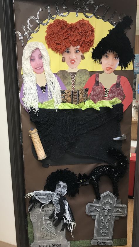 Hocus Pocus Office Door Decorations, Halloween Classroom Door Hocus Pocus, Halloween Door Competition Ideas, Hocus Pocus Door Decoration, Spooky Door Decorations For School, Fall Office Door Decorating Contest, Hocus Pocus Door Decorations, Hocus Pocus Door Decorations For School, Hocus Pocus Door Decor