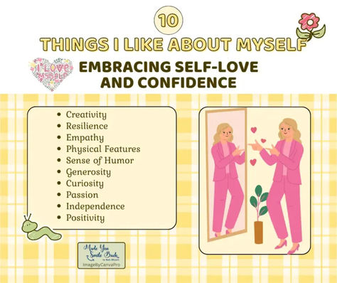 Celebrate your unique qualities and boost your confidence with these self-love tips! 🌟 Discover how embracing your strengths can transform your mindset and empower you to shine.   #SelfLove #ConfidenceBoost #selfdevelopment #loveyourself What I Love About Myself, Things I Like About Myself, Positive Characteristics, Personal Qualities, Showing Gratitude, Positive Traits, I Love Myself, Self Appreciation, Personal Achievements