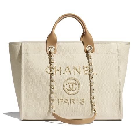 Mixed Fibers, Imitation Pearls & Gold-Tone Metal Ecru & Beige Shopping Bag | CHANEL Chanel Handbags Tote, Chanel Canvas, Moda Chanel, Chanel Tote Bag, Mode Chanel, Chanel Store, Chanel Tote, Chanel Official, Couture Mode