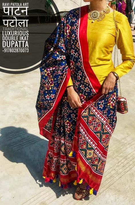 Patola Duppata With Dress, Patola Suit Designs, Patola Dupatta Salwar Suits, Dress With Patola Dupatta, Patola Kurti Designs Latest, Patola Dress Designs, India Style Dress, Patola Blouse, Long Blouse Designs