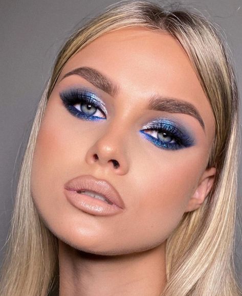 Denim And Diamond Makeup, Bridesmaid Makeup For Dusty Blue Dress, Deep Blue Makeup Looks, Makeup Looks With Blue Eyeshadow, Blue Eyeshadow On Blue Eyes, Blue Cat Eye Makeup, Blue Eyeshadow For Blue Eyes, Blue Prom Eyeshadow, Prom Makeup Blue Eyeshadow