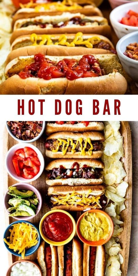 What To Eat With Hot Dogs Sides, Hotdog Bar Ideas Party, Hot Dog And Brat Bar, Hot Dog Potluck, Tailgate Hot Dogs, Hot Dog Board Ideas, Halloween Hot Dog Bar, Hot Dog Bar Recipes, Hot Dog Bar Ideas Food Stations