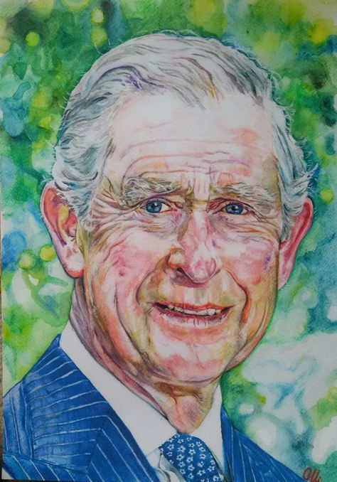 Watercolour painting of Prince Charles Prince Charles Caricature, Gcse Art Kings And Queens, King Portrait Paintings, Napoleon Coronation Painting, Royal Society Of Portrait Painters, Watercolor Mixing, Queen Art, Royal Life, Seasons Art