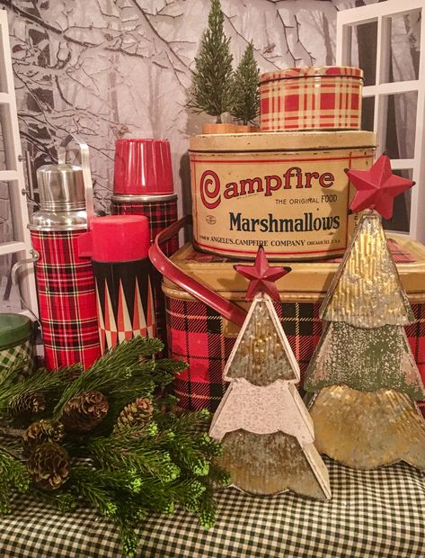 Plaid Thermos Christmas Decor, Vintage Plaid Christmas Decor, Campfire Marshmallow Tin Decor, Campfire Marshmallow Tin, Vintage Thermos Decor, Vintage Christmas Decorations Diy, Plaid Thermos, Christmas Lodge, Christmas Vignettes